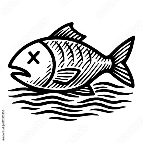 Dead Fish with X on Body Floating on Wave Black and White Outline Line Art Drawing