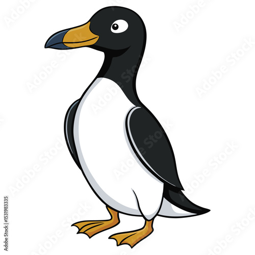 Murre bird standing upright, displaying its stark black and white plumage.