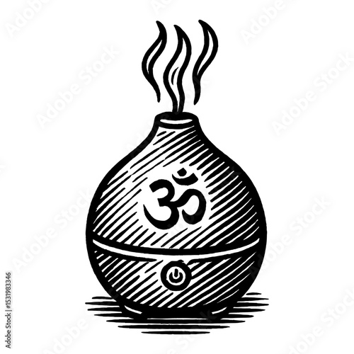 Humidifier Diffuser with Om Symbol Black and White Outline Line Art Drawing Isolated Vector Design