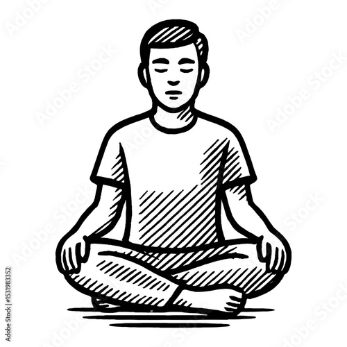 Meditating Person with Closed Eyes Lotus Position in Black and White Outline Line Art Drawing