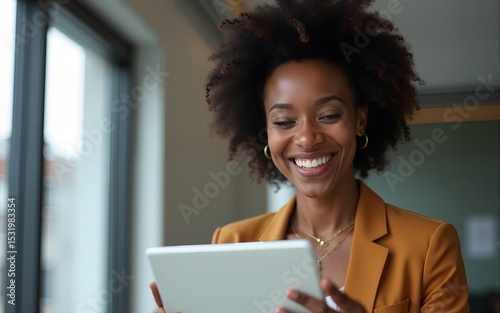Happy, black woman and digital tablet in office for planning, app and schedule against blurred background. Business, leader and female with digital marketing, advertising or creative idea for startup