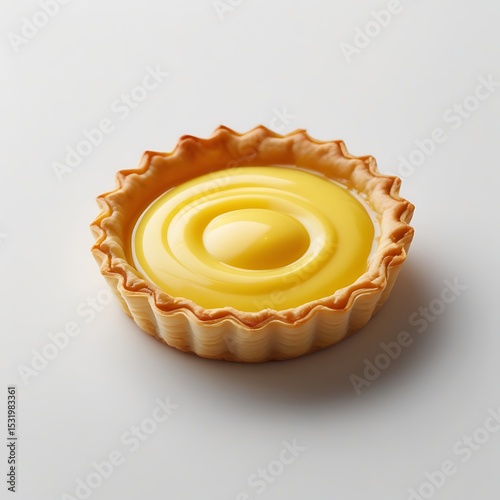 One golden egg tart with smooth yellow custard isolated on white background for bakery display or branding use.

