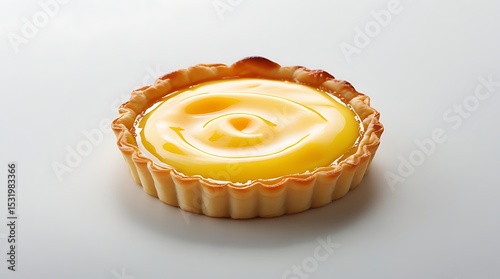 One golden egg tart with smooth yellow custard isolated on white background for bakery display or branding use.

