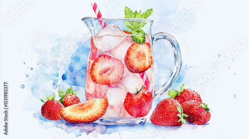 Watercolor vector illustration of strawberry drink in a pitcher on a blue background