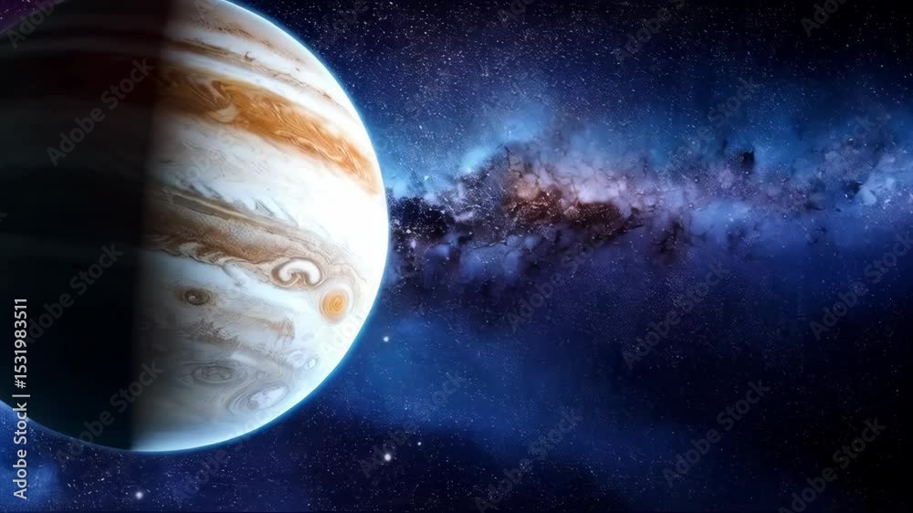Giant gas planet with swirling brown and white clouds in a starry, dark blue cosmic background, with a smaller moon nearby.