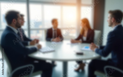 Business Roundtable Blur: A business roundtable setup with executives and round table discussion, softly blurred to emphasize strategic planning and collaborative decision-making. High quality
