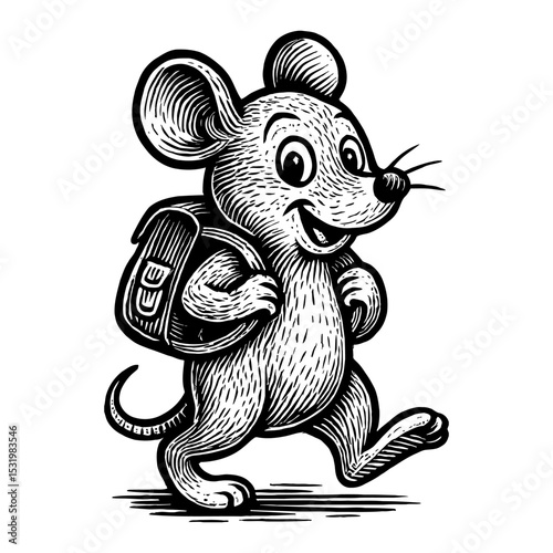 Cute Mouse Walking with Backpack in Black and White Outline Line Art Drawing Vector
