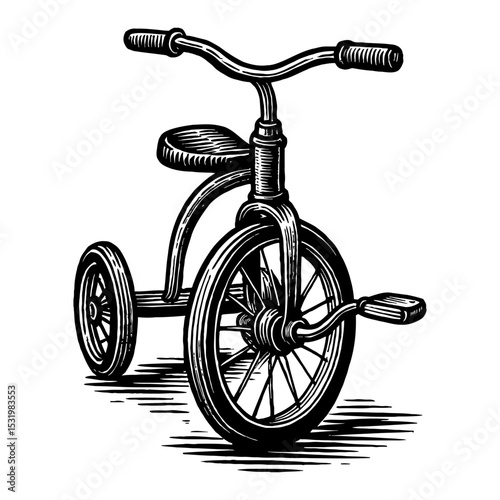 Vintage Tricycle Black and White Outline Line Art Drawing of Classic Childhood Toy Vehicle