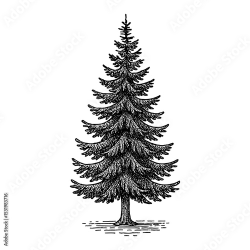 Evergreen Tree Simple Black and White Outline Line Art Drawing Silhouette Isolated on White Background