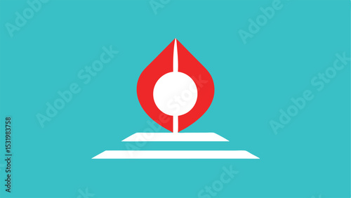 Abstract geometric composition featuring a red and white illustration on a turquoise backdrop