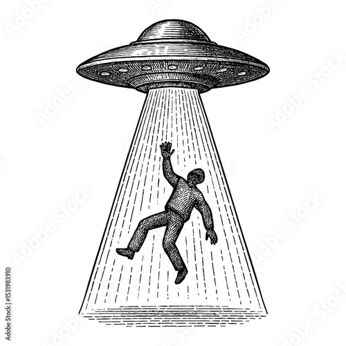 Man Abduction by Alien Spaceship Black and White Outline Line Art Drawing with UFO Beam
