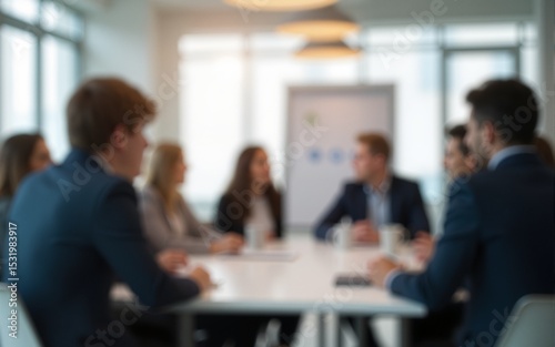 Blurred business people meeting in office interior with space for business brainstorming background design. High quality