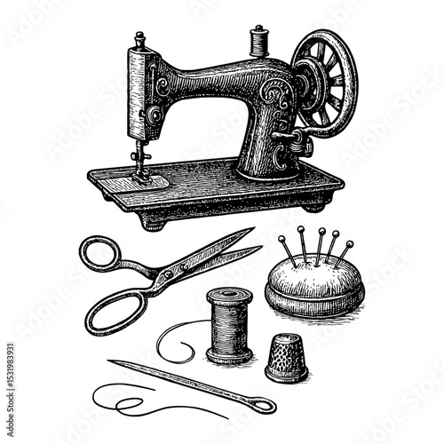 Sewing Machine with Sewing Related Items Black and White Outline Line Art Drawing Vintage Style