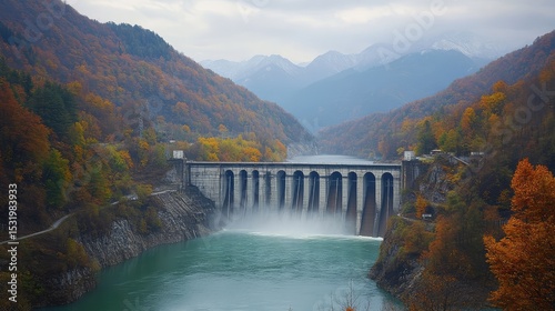 Hydroelectric dam with high-tech turbines and clean water outflow nestled in natural landscape