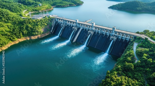 Hydroelectric dam with high-tech turbines and clean water outflow nestled in natural landscape