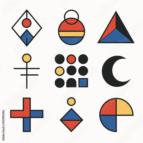 Geometric shapes art featuring circles, triangles, squares and lines in primary colors