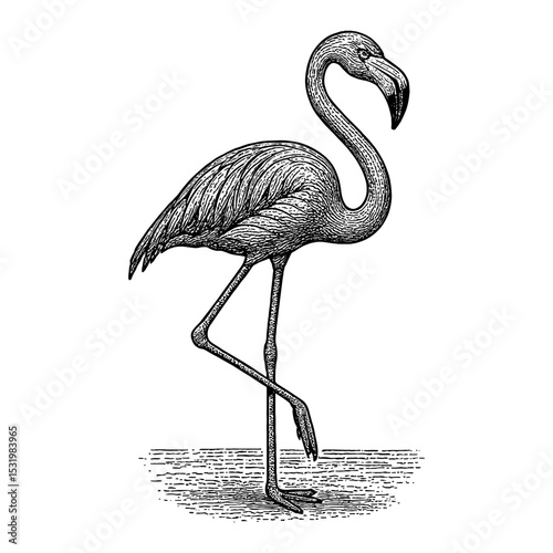 Flamingo Standing Elegant Pose in Black and White Outline Line Art Drawing Illustration