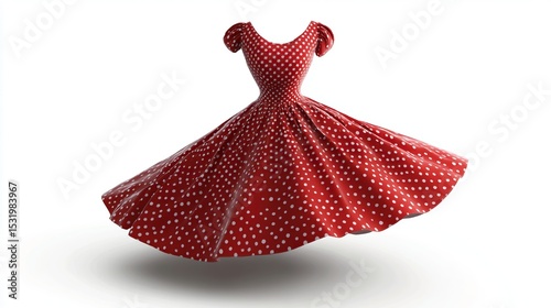 A red, short-sleeved, polka dot dress with a full skirt, floating in mid-air against a white background, casting a faint shadow