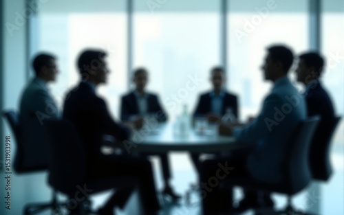 Side view of blurred silhouettes of businessmen talking in conference room, view through the transparent glass wall. High quality
