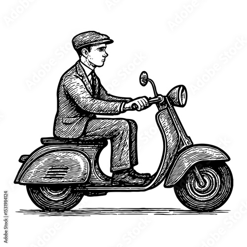 Man Riding Scooter in Suit Black and White Outline Line Art Drawing Retro Detailed Hand Drawn
