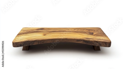 Rectangular, rustic wooden serving tray with natural, slightly curved edges and two small, dark wood legs, isolated on a white background