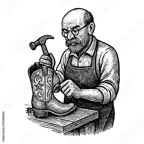 Craftsman Repairing Cowboy Boot Black and White Outline Line Art Drawing with Hammer and Apron