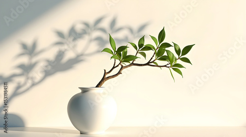 Simple ceramic vase with organic greenery in soft natural lighting great for wellness themes, mindfulness content, and artistic compositions