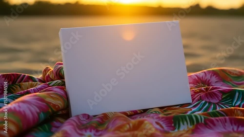 Blank canvas on beach fabric at sunset