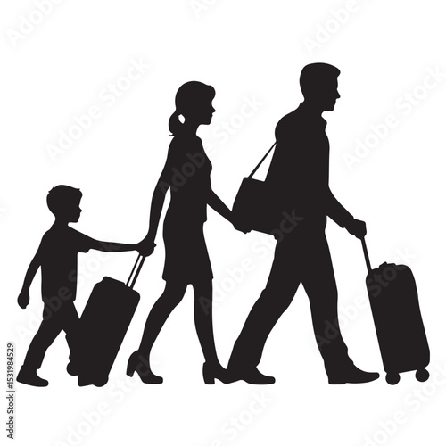 Black Silhouette Family Walking with Luggage parents