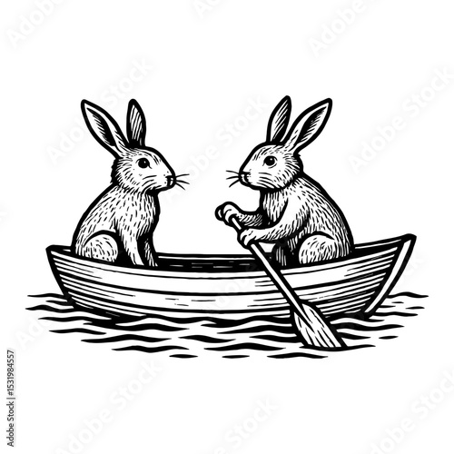 Two Rabbits in a Boat on Water Black and White Outline Line Art Drawing Vintage Sketch