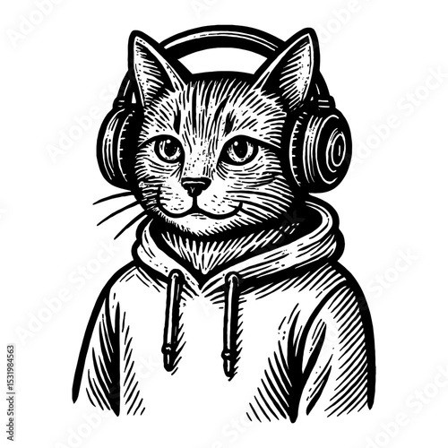 Cat Wearing Headphone and Hoodie in Black and White Outline Line Art Drawing Style Illustration