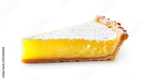 A single, slightly-eaten slice of lemon tart, featuring a vibrant yellow custard filling, a buttery crust, and a dusting of powdered sugar, is presented against a stark white background