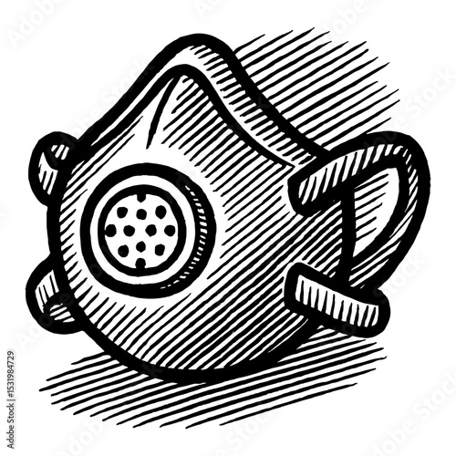 Respirator Mask Protection Equipment Black and White Outline Line Art Drawing Woodcut Style