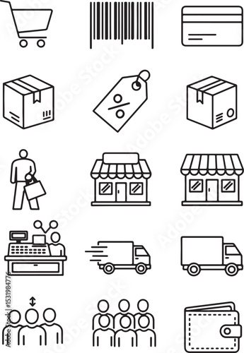 Shopping cart, barcode, credit card, package, discount tag, store,  delivery truck, wallet, cash register icon line art