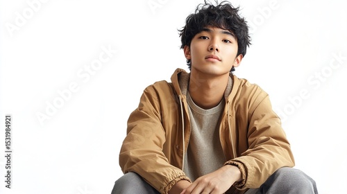 A young man with dark, curly hair sits with a serious expression, wearing a brown jacket, gray t-shirt, and gray pants against a white backdrop