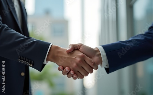 successful business agreement contract dealing businessman handshake close up hand palm with blur city building and office working space background,ai generate. High quality