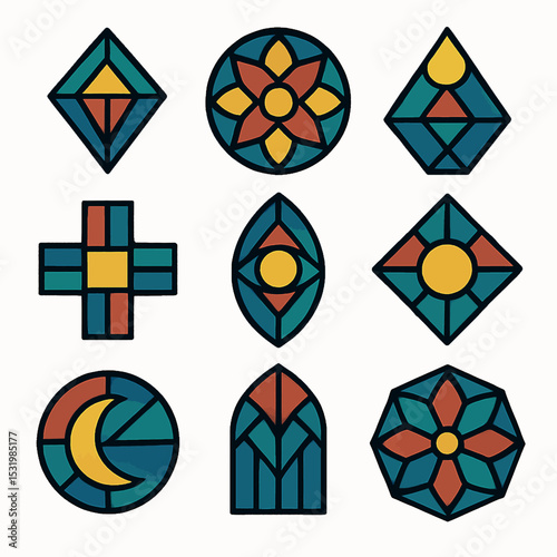 Geometric stained glass window design with various shapes and vibrant color palette