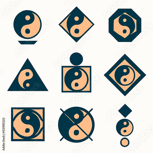 Geometric yin yang symbols in various shapes creating a balanced design concept