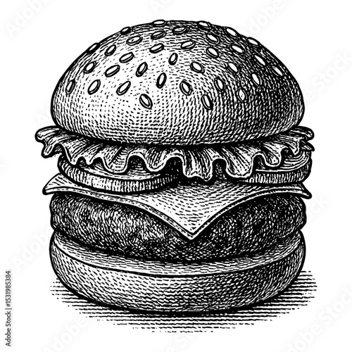 Delicious Burger in Black and White Outline Line Art Drawing Detailed Illustration Isolated Food