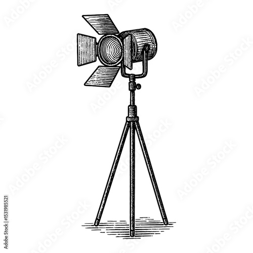 Spotlight Lamp on Tripod Stand Black and White Outline Line Art Drawing Detailed Engraving Vector