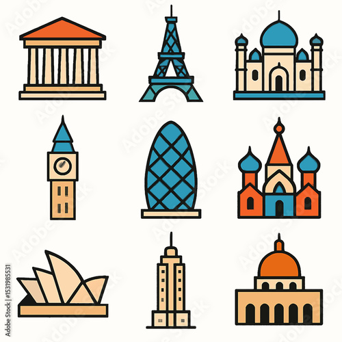 Iconic global landmarks in a colorful vector art style representing world travel