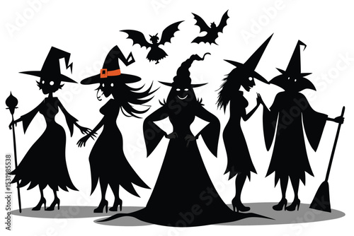 Witches in various poses halloween vector illustrations