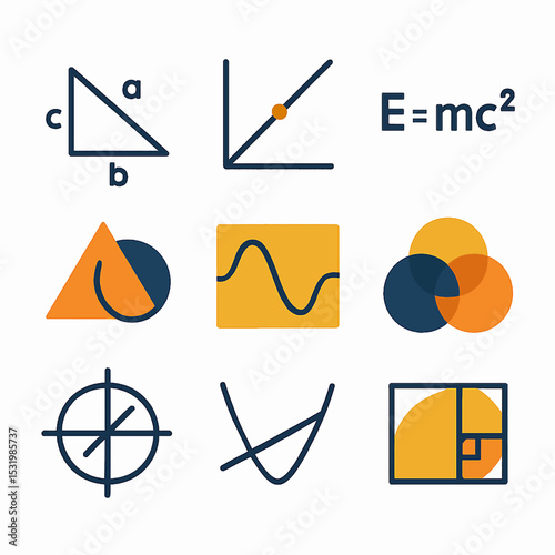 Mathematical and Scientific Symbols Depicted with Equations and Geometric Shapes