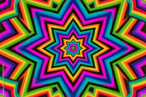Kaleidoscopic geometric symmetry with vibrant rainbow colors and a psychedelic effect, perfect for eye-catching posters, banners, and creative digital designs.

