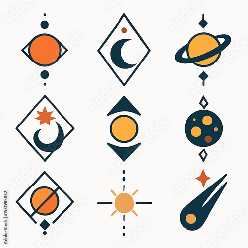 Mystic celestial elements with cosmic symbols and geometric shapes in vector style