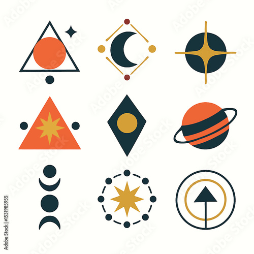 Mystical celestial symbols vector design featuring planets stars and moon phases