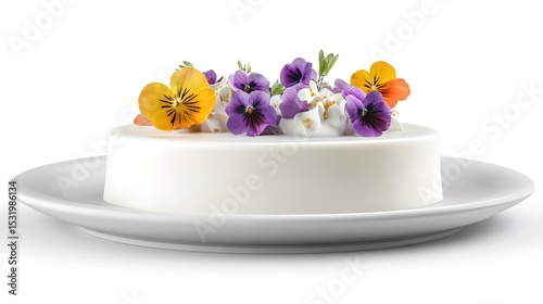 A round, white cake with white frosting is decorated with yellow, orange, and purple pansies on a white plate