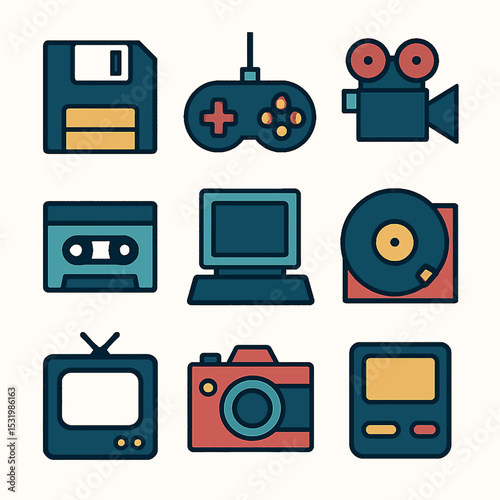 Retro tech illustration featuring vintage floppy disk, game controller and camera