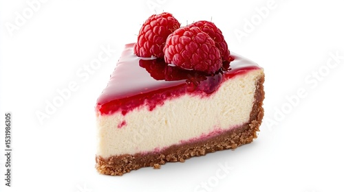 A creamy, triangular slice of cheesecake, featuring a graham cracker crust, topped with a glistening raspberry glaze and fresh raspberries