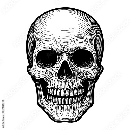 Skull Front View Detailed in Black and White Outline Line Art Drawing Engraving Woodcut Style